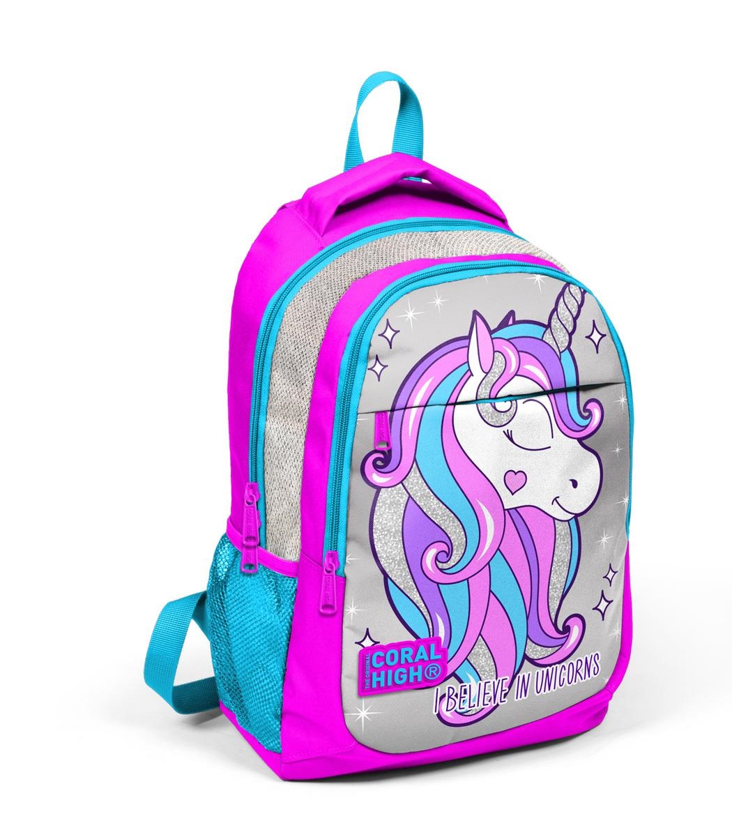 Coral High Kids Three Compartment School Backpack - Pink Silver Glitter ...